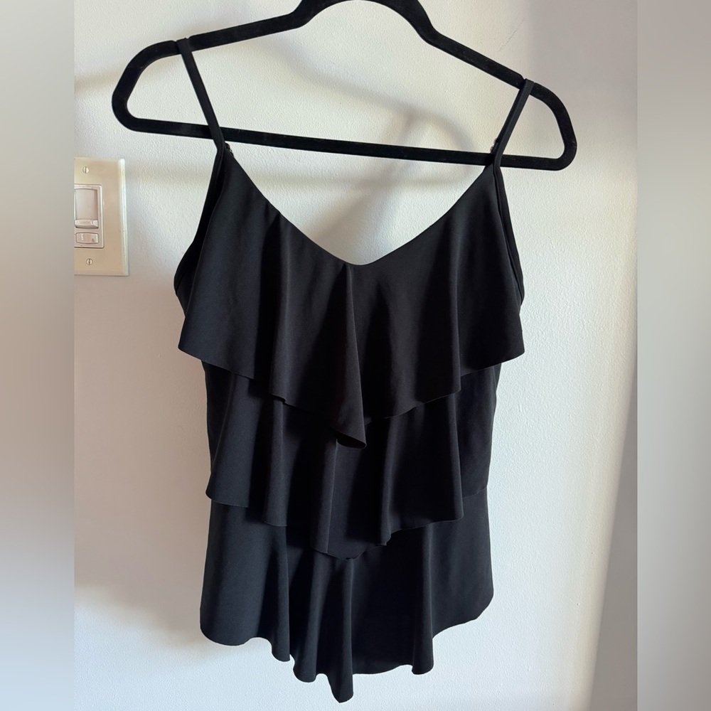 Magicsuit Tiered Ruffled Angled Tankini Swim Top Black Stretch Compression sz 12 - Picture 3 of 10